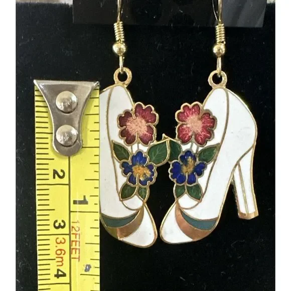 Cloisonné Earrings Floral Pierced Colorful White Red Blue Green Heels‎ Gold Tone - Picture 4 of 4